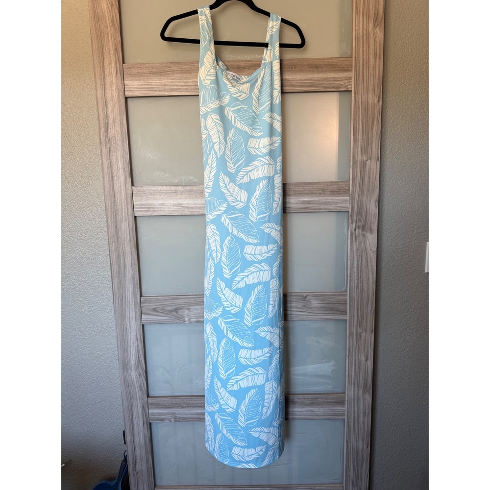 La Mer Luxe Womens Large Light Blue White Tropical Palm Leaf Tie Back Maxi Dress